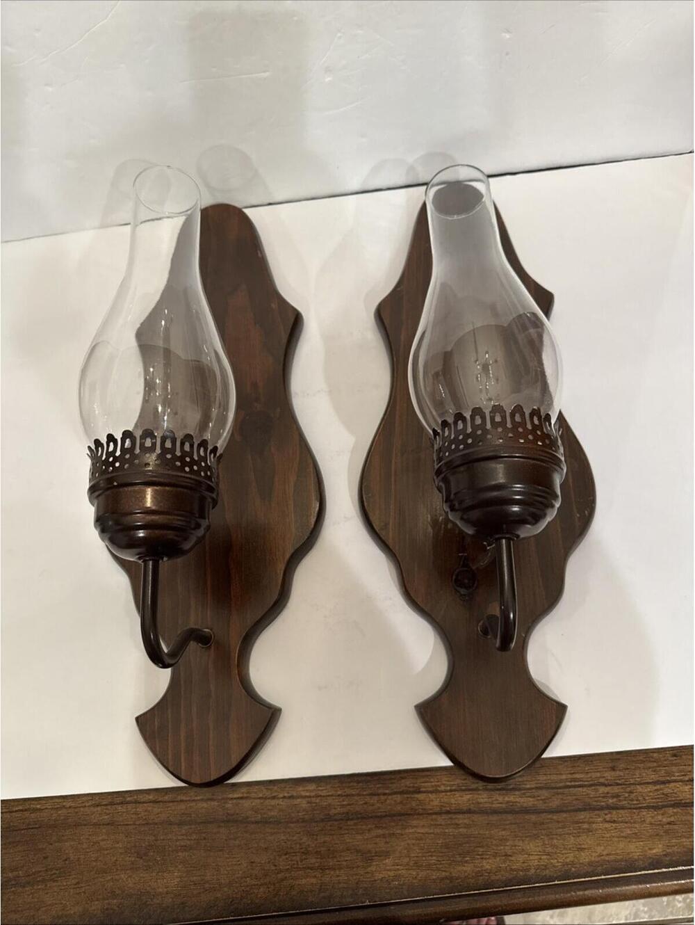 Vintage Wooden Pair Of Wall Sconces W Hurricane Glass 19.75” MCM Colonial
